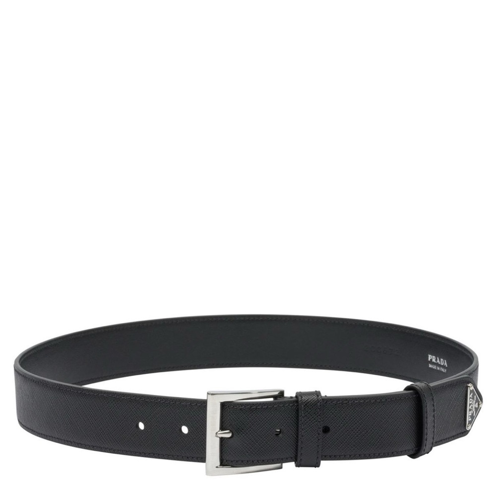 Prada Saffiano Black Leather Men's Belt with Silver Buckle